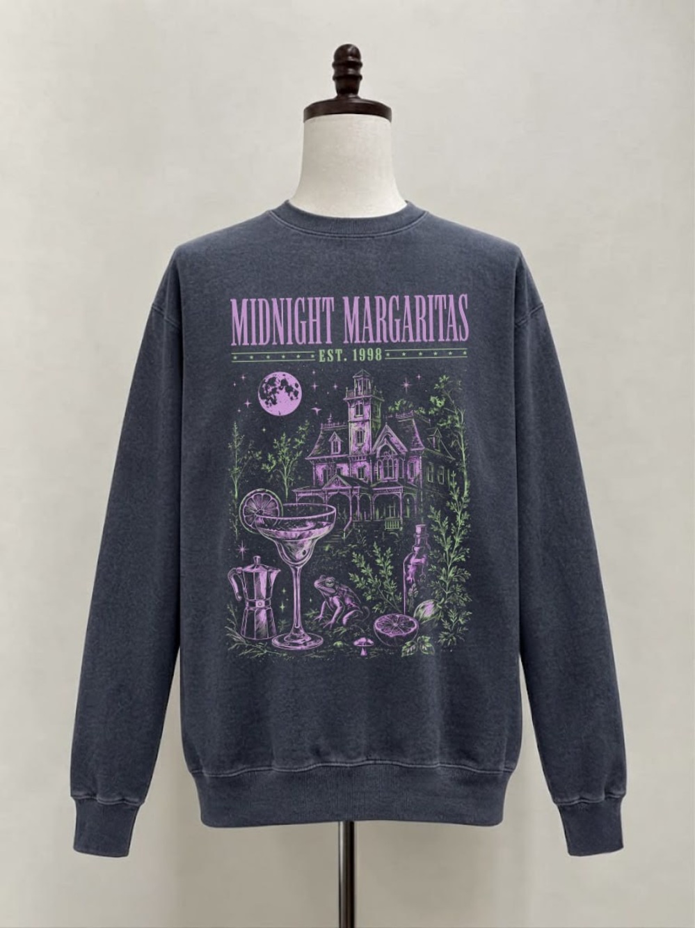 Gildan Dark Heather Crewneck Sweatshirt with Purple & Green Graphic